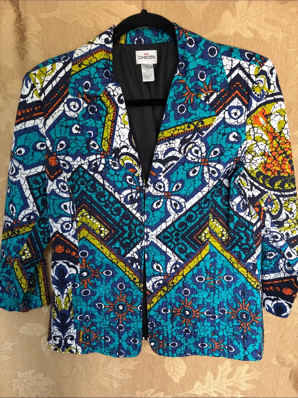 Chico's Turquoise, Navy & Yellow Patterned Open Front Jacket